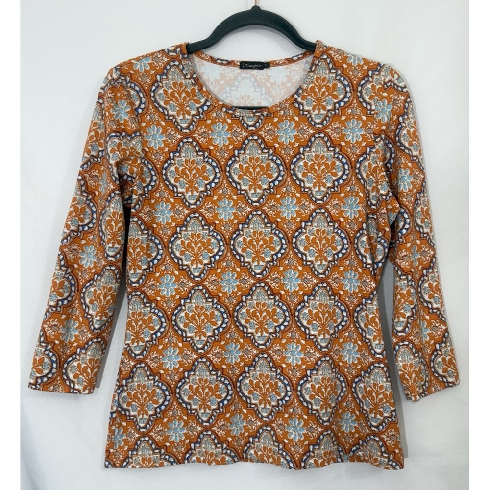 J. McLaughlin Orange Blue Print Catalina Cloth 3/4 Sleeve Top Womens Size S